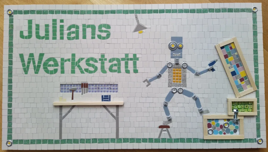Mosaikbild "Julians Werkstatt" Auftragsarbeit - von Steinfugenzeit